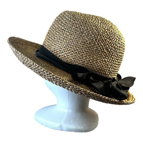 IMPORTINA Accessories - Tan Straw Sun Hat VINTAGE 90s with Wide Brim and a Black French Ribbon Accent
